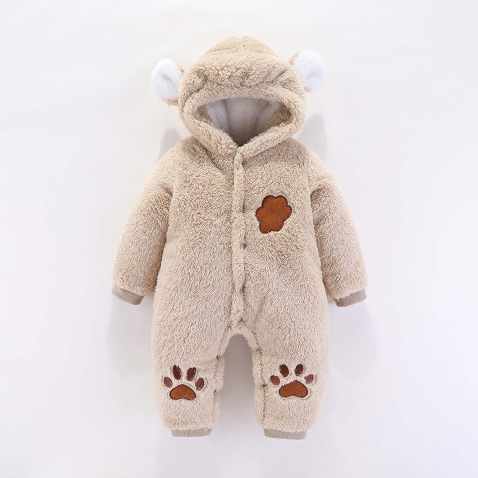 Fleece Baby Onesies Khaki Onesie Long Sleeve Button down Hooded Jumpsuit with Bear Ears Baby Snow Suit Newborn Baby Clothes Boy 1-3 months