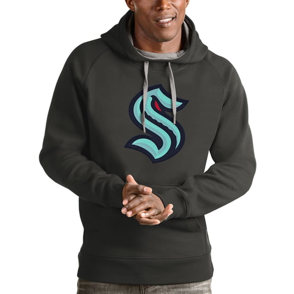 Men's Antigua Charcoal Seattle Kraken Logo Victory Pullover Hoodie