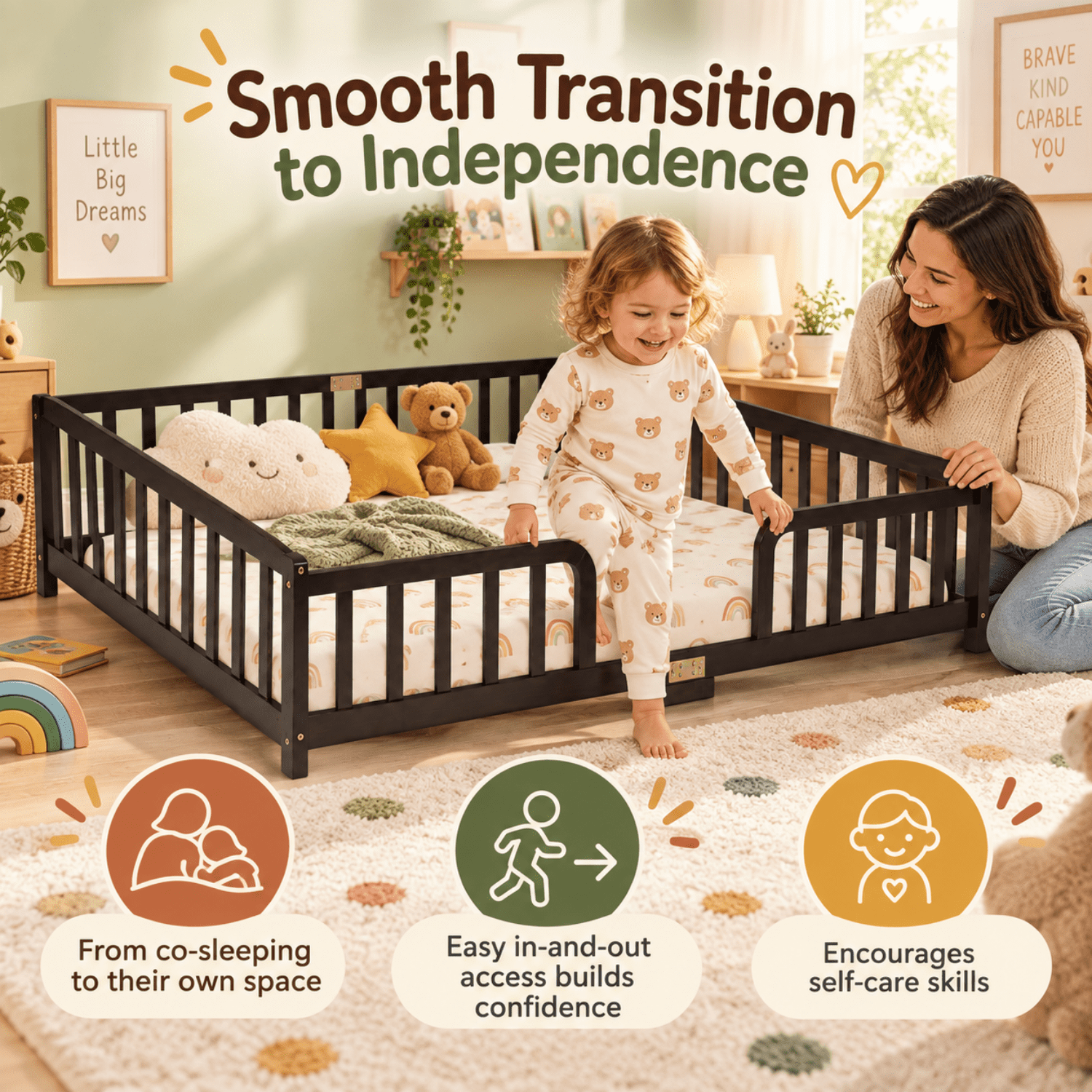 Miniyam Queen Size Kids Floor Bed with Guardrails, Low-to-Ground Montessori Wood Bed, Espresso