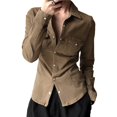 thumbnail image 3 of Camisa de Larga con Solapa para Mujer, y Sencilla, de Color Liso, con Cintura Ceñida Marrón M, 3 of 8
