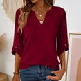 thumbnail image 2 of Womens Dressy 3/4 Sleeve Tops Trendy Cut V Neck Plain Tunic Shirts Cute Casual Solid Color Blouses Spring Summer Outfits Wine L, 2 of 6