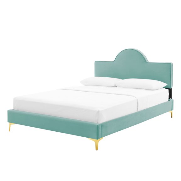 Platform Bed Frame, King Size, Blue, Velvet, Modern Contemporary, Bedroom Master Guest Suite Room