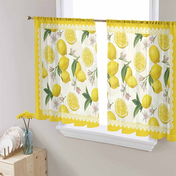 Yellow Summer Lemon Sheer Curtains 54 Inch Length 2 Panels Set for Living Room/Bedroom, Summer Botanical Watercolor Semi Curtain Sheers Drapes Rod Pocket Curtains Window Treatment Set 52''x54''x2