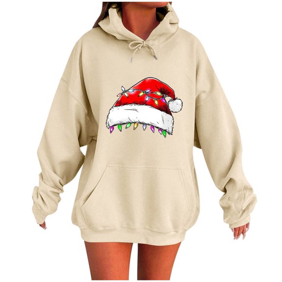 Lorytime Christmas Fleece Hoodies for Women Santa Hat Print Sweatshirt Long Sleeve Pullover with Pocket Tops for Festive