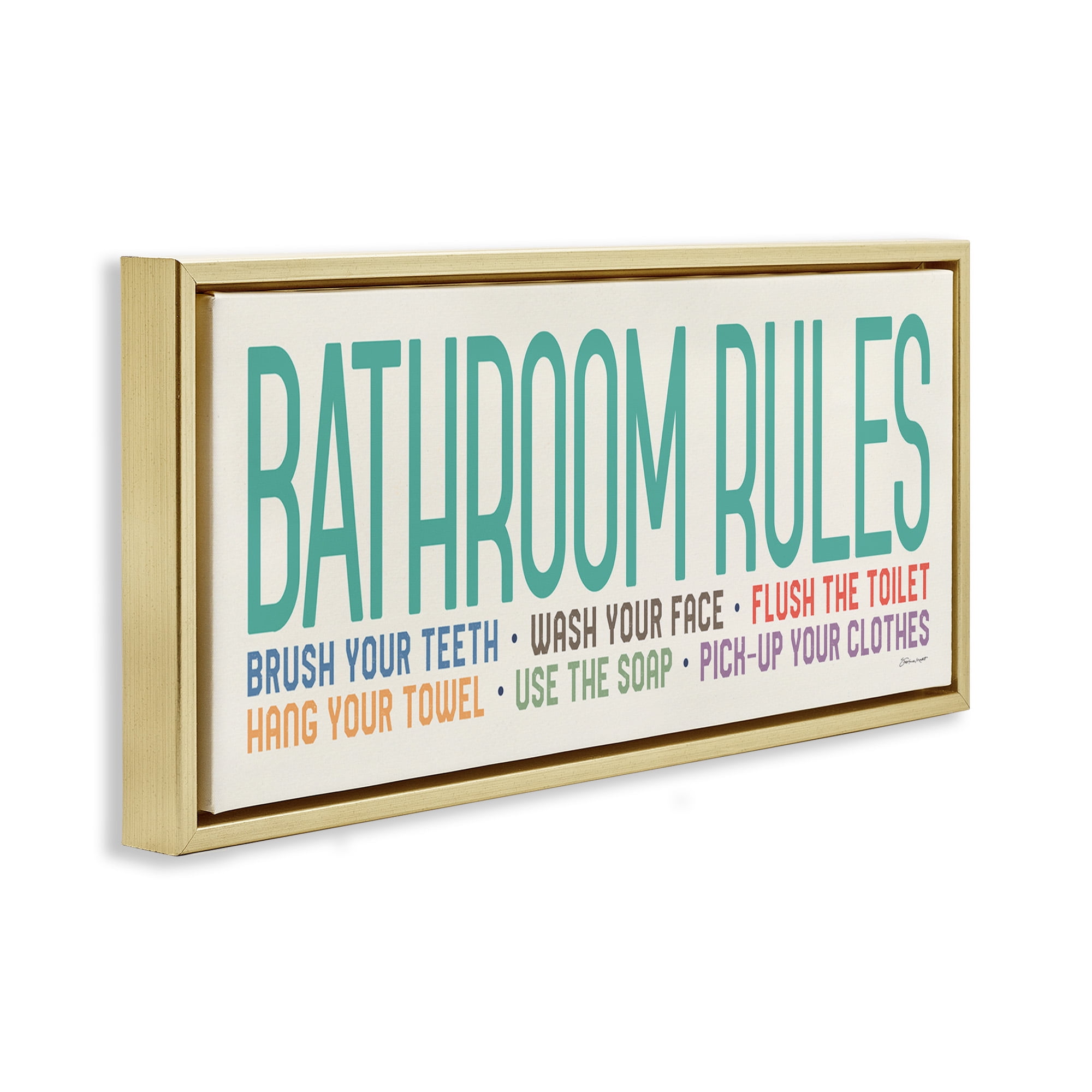 Stupell Industries Bathroom Rules with Teal Text Abstract Painting Gold Floater Framed Canvas Art Print Wall Art, 31 x 14