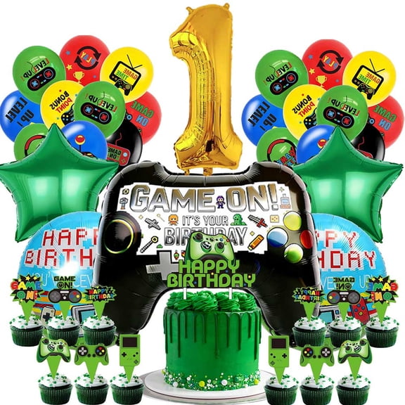 Game Green Party Supplies 1st Decor Kit Balloons Birthday Cake Topper Decorations