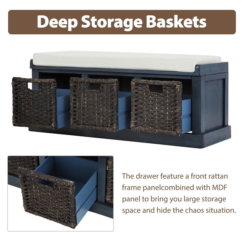 Kepooman Rustic Storage Bench with 3 Removable Classic Fabric Basket, Entryway Cabinet for Home and Kitchen, Antique Navy Kepooman Rustic Storage Bench with 3 Removable Classic Fabric Basket, Entryway Cabinet for Home and Kitchen, Antique Navy