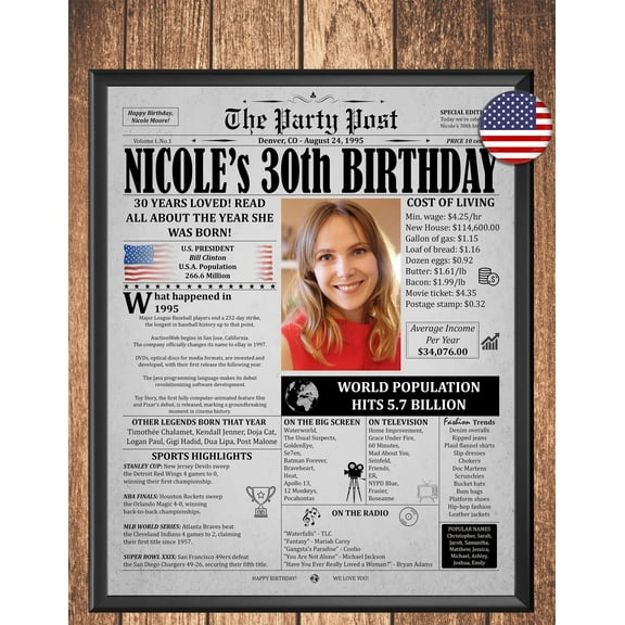YaHaku 30th Birthday Newspaper Poster, 1995 in USA, Gift For Man Or Woman, Personalized Keepsake, Turning 30 Party Decoration Idea