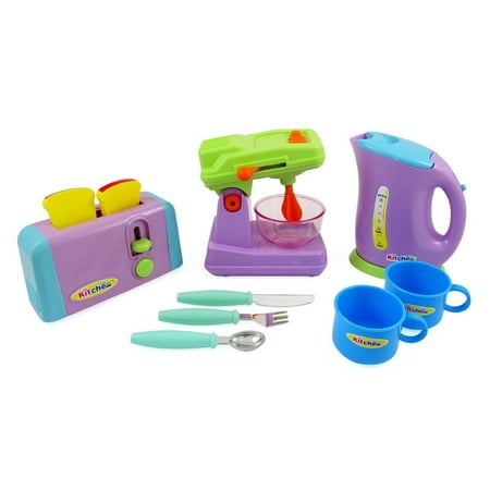 Bisontec Kitchen Appliances Play Set For Kids - Mixer, Toaster, Kettle, Cups & Utensils