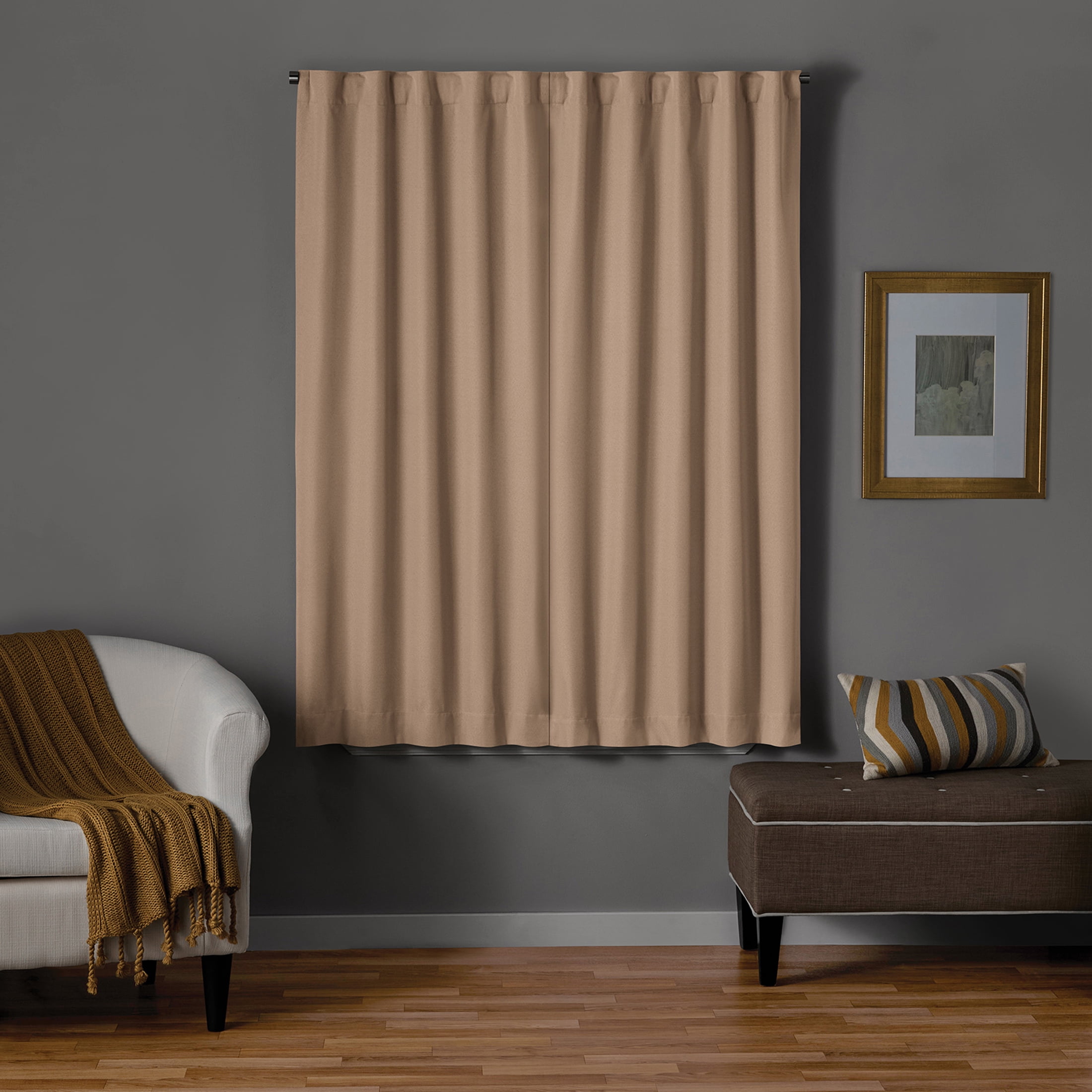 Mainstays Beige Solid Blackout Rod Pocket with Back Tabs Curtain Panel Pair, Set of 2, 30" W x 63" L