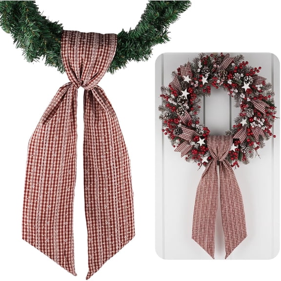 LEWEEN Red Beige Jacquard Plaid Wreath Sash Front Door Decoration, 5.12" x 54.33" Blank Sash Christmas Fall Holiday Party Bow Ribbon Farmhouse Home Decor Accessories