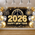 thumbnail image 4 of Gold Glitter Happy New Year Banner Silver Balloons 2026 New Year Display Fireworks Design Clock Pattern New Year Backdrop for New Year Party Holiday Celebration Indoor Decoration, 4 of 8