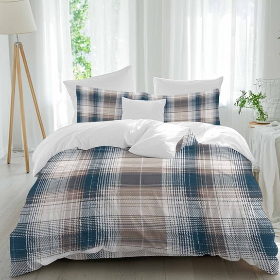 Vintage Plaid Twin Size Comforter Set, Brown Navy Plaid Texture Abstract Art Bedding for All Seasons, 4 Pcs Bed Set, 1 Quiltcover (68"x86") ,1Sheet(67"x116"), 2Pillowcases (30"x20")