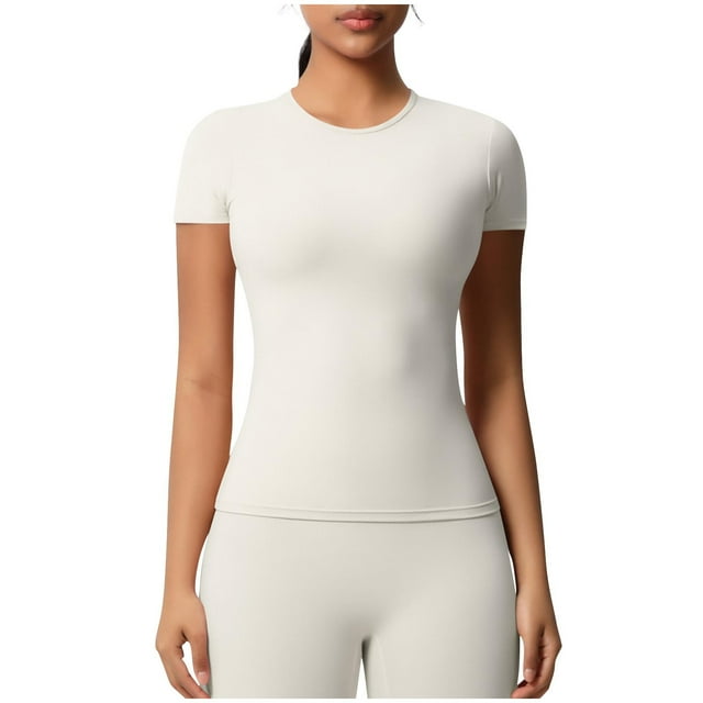 AKOEE Spandex Workout T-shirts Summer Yoga Tops Womens Quick Dry Athletic Short Sleeve Round Neck Tees (L, White)