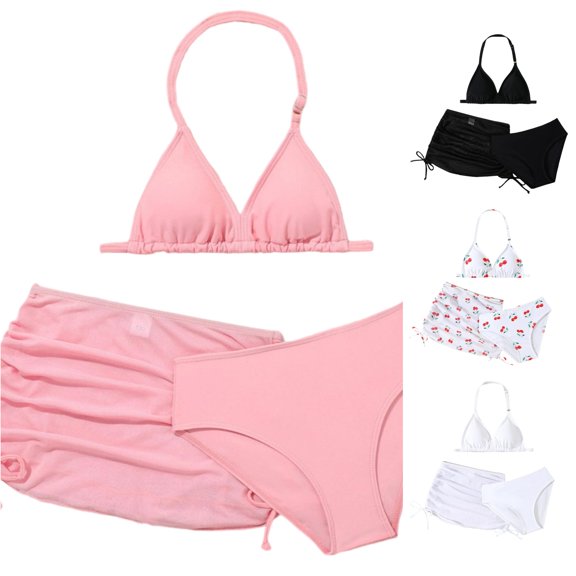 OSOLU Girls 3 Piece Swimsuits Halter Triangle Adjustable Straps Bikini Set With Cover Up Mesh Skirts Summer Pool Outfit 5-11Y Trendy Beachwear