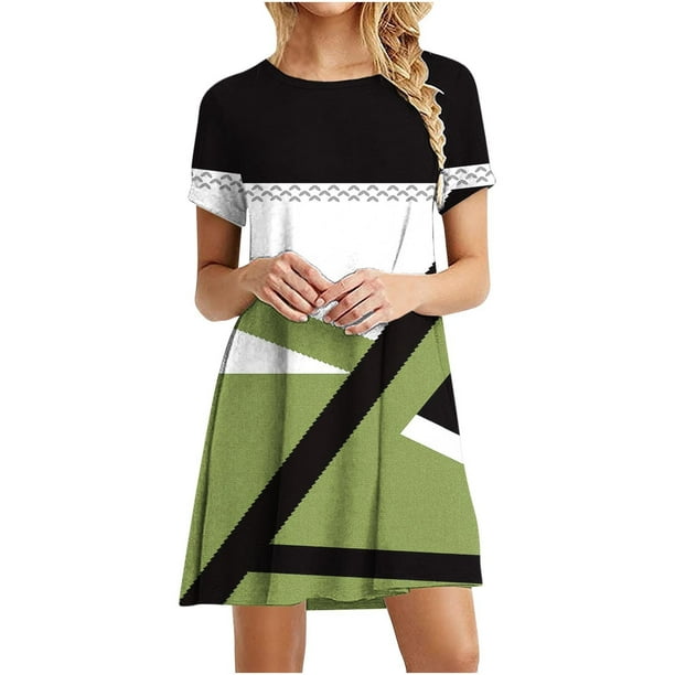 Vestido de Manga Corta para las Mujeres Casual Impreso Cuello Redondo, Vestido de las Señoras para la Primavera Y el Verano de Uso Diario
