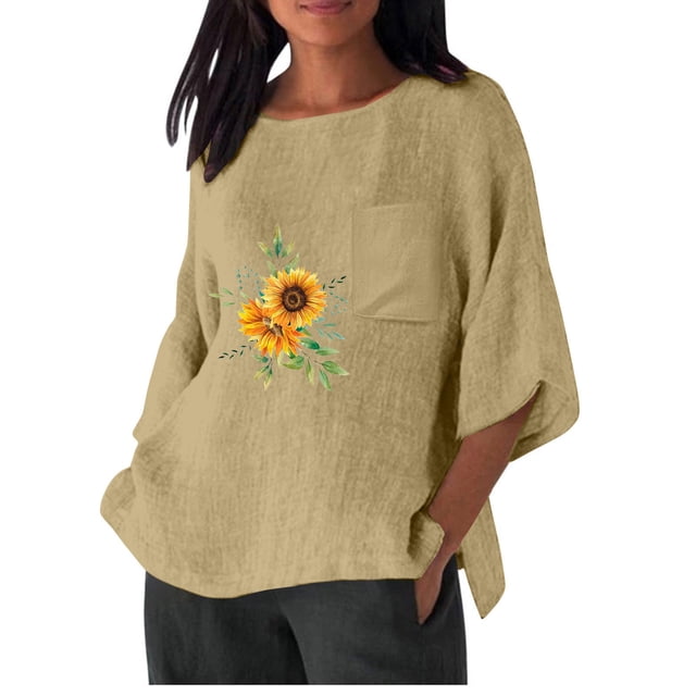 Birdeem Chemise Imitation Coton et Lin pour Femmes Manches 3/4 Col Rond T-Shirt Ample Décontracté Léger et à la Mode Haut d'Été