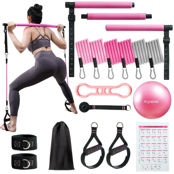 kisnbld Pilates Bar Kit, Portable Pilates Bar with Small Exercise ball & 3 Set of Resistance Bands, Exercise Equipment for Women Home Gym Yoga Workout