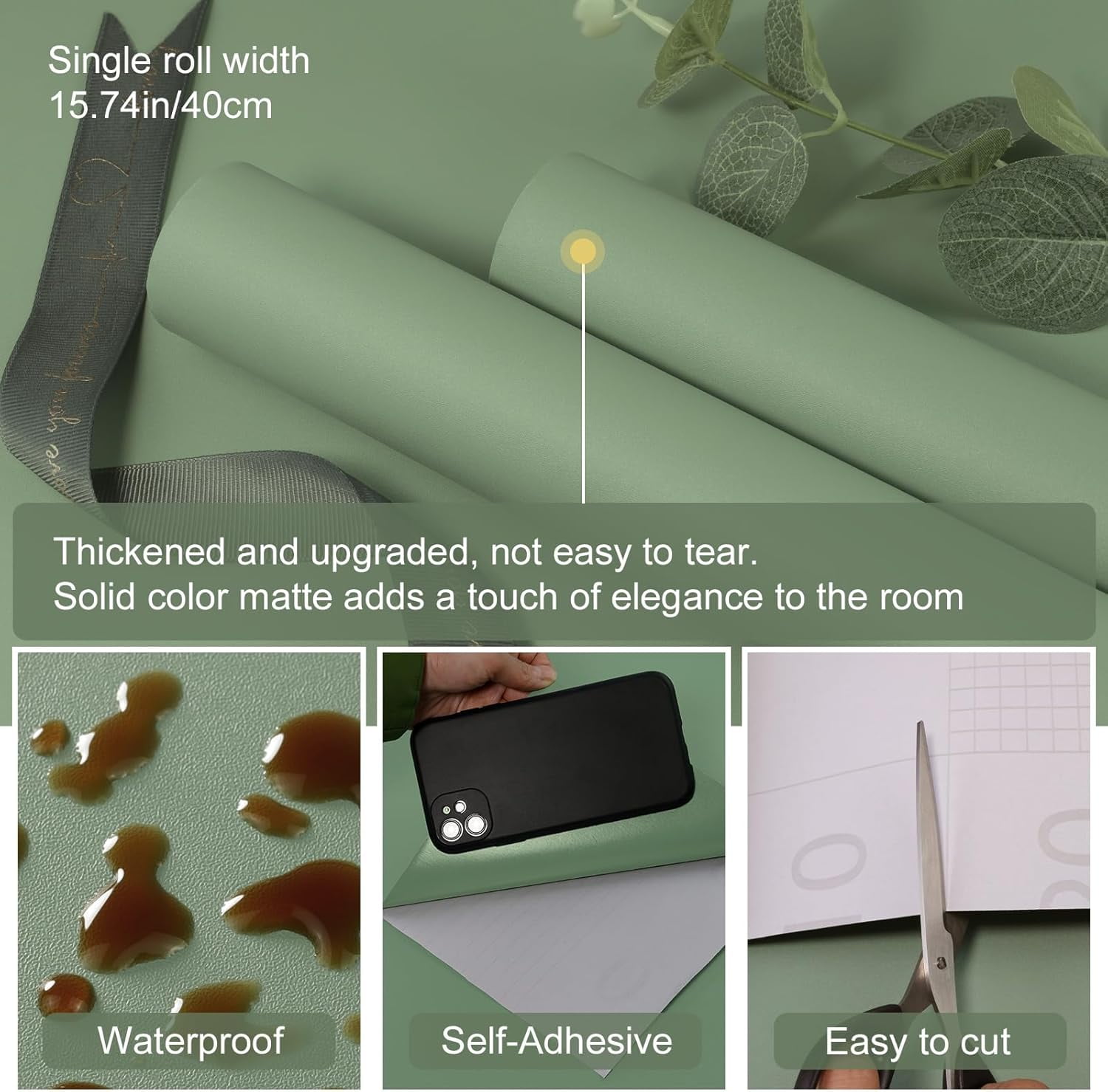 Sage Green Peel and Stick Wallpaper Solid Sage Green Contact Paper A Set of 15.7"x236" Matte Self Adhesive Waterproof Vinyl Roll for Wall Coverings,Cabinets,Countertops,Bedroom,Kitchen