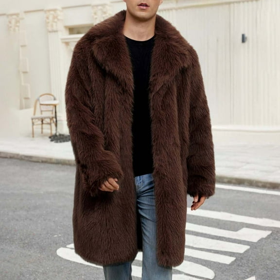 Donemore Men's Winter Faux Fur Long Coat Jacket Warm Turn-Down Collar Solid Color Casual Fashion Outerwear for Daily and Party Use