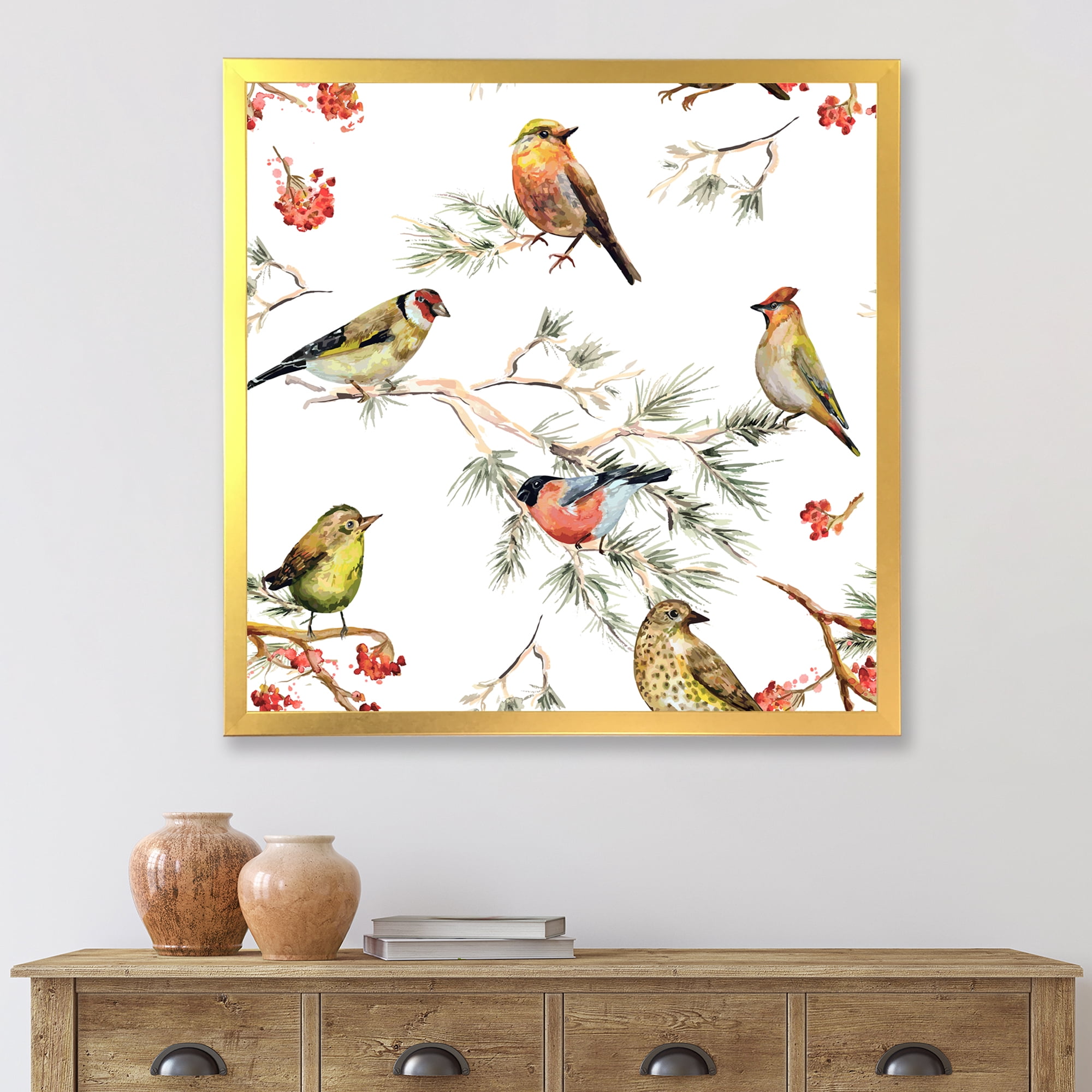 Designart 'Forest Birds Sitting On Branches' Traditional Framed Art Print
