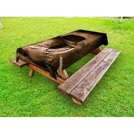 

Western Outdoor Tablecloth Wild West Themed Cowboy Hat and Old Ranching Rope On Wooden Display Rodeo Cowboy Style Decorative Washable Fabric Picnic Table Cloth 58 X 84 Inches Brown by Ambesonne