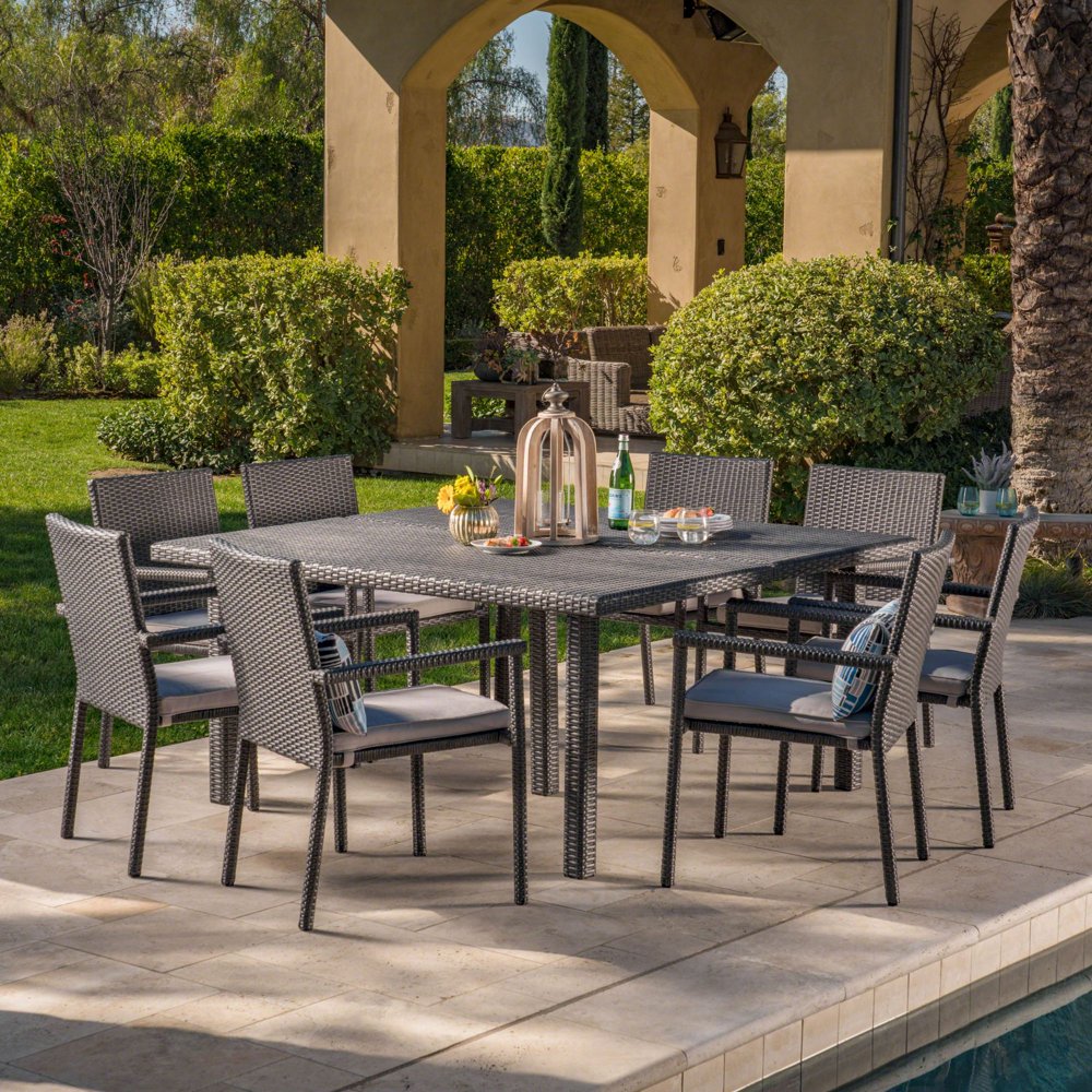 9Piece Gray Wicker Outdoor Furniture Patio Dining Set Silver