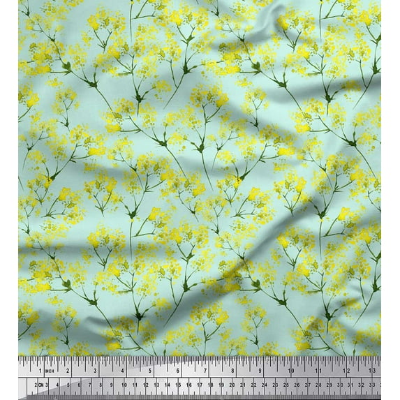 Soimoi Green Silk Fabric Yellow Mustard Leaves Print Fabric by the Yard 44 Inch Wide