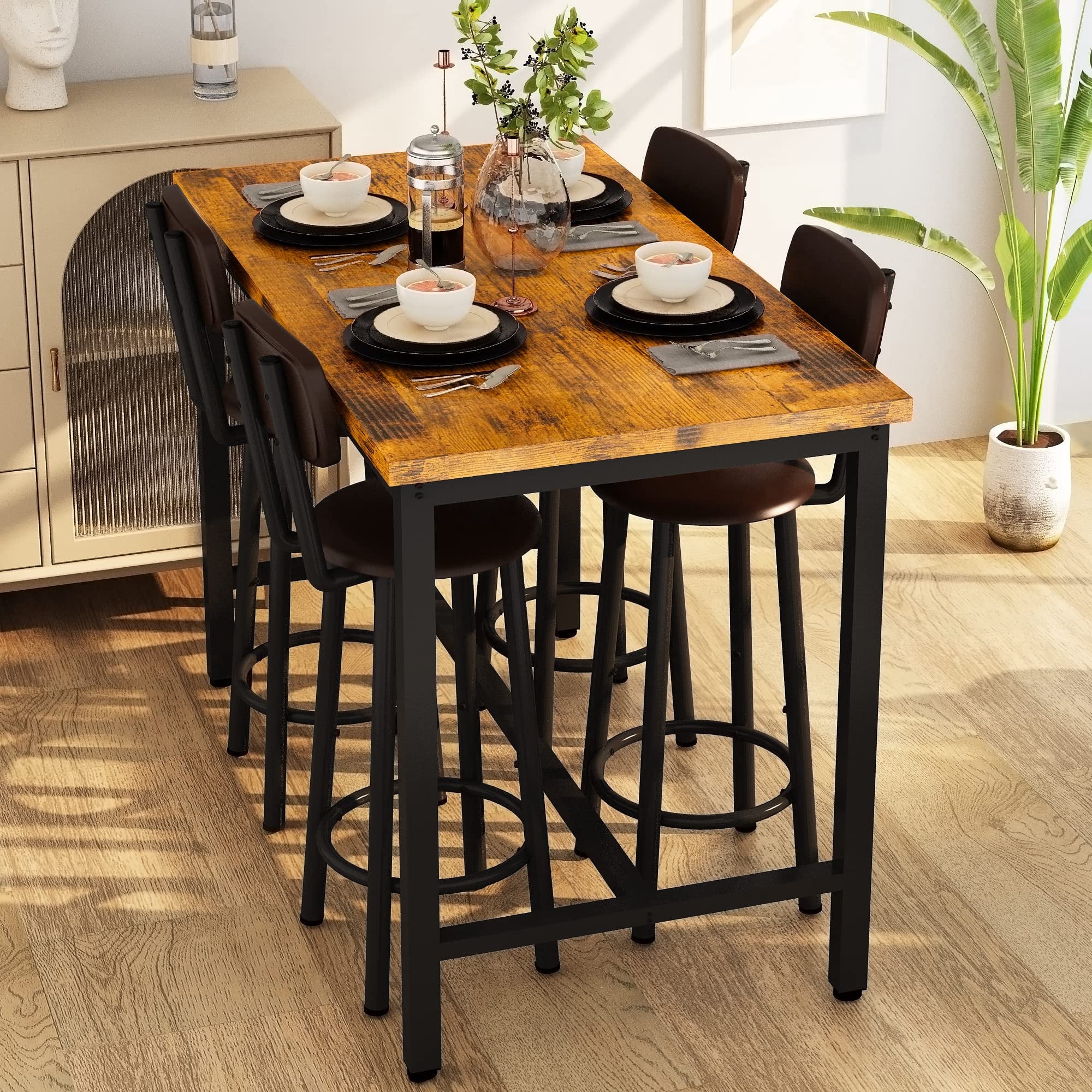 Lamerge Dining Table Set for 4, Counter Height Kitchen Pub Set with Chairs for 4, 5 Piece Bar Table and Stools Set, Modern Kitchen Dining Set for Breakfast Nook