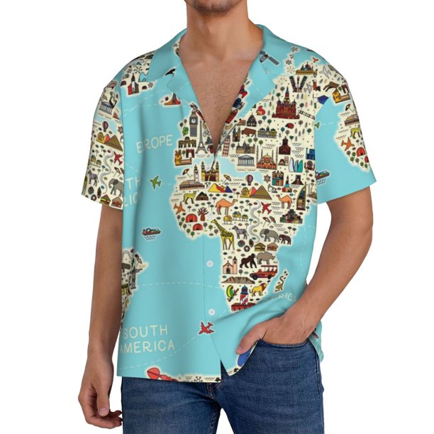 Fotbe World Travel Line Icons Map Camisa Estampada de Manga Corta para Hombre, Casual de Verano, Estilo Playero, Sin Arrugas-Medium