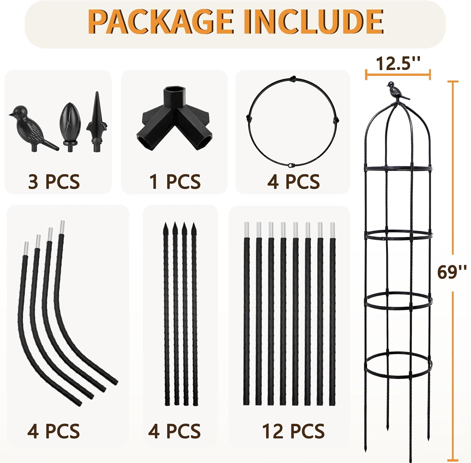 1 Pack Garden Obelisk Trellis for Climbing Plants Outdoor, 6FT Adjustable Metal Plant Support with 3 Decorative Tops, Rustproof Trellis for Roses, Tomatoes, Clematis & Vines