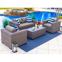 Tuscany 4-Piece M Resin Wicker Outdoor Patio Furniture Conversation Sofa Set with Loveseat, Two Armchairs, and Coffee Table (Half-Round Gray Wicker, Sunbrella Canvas Taupe)