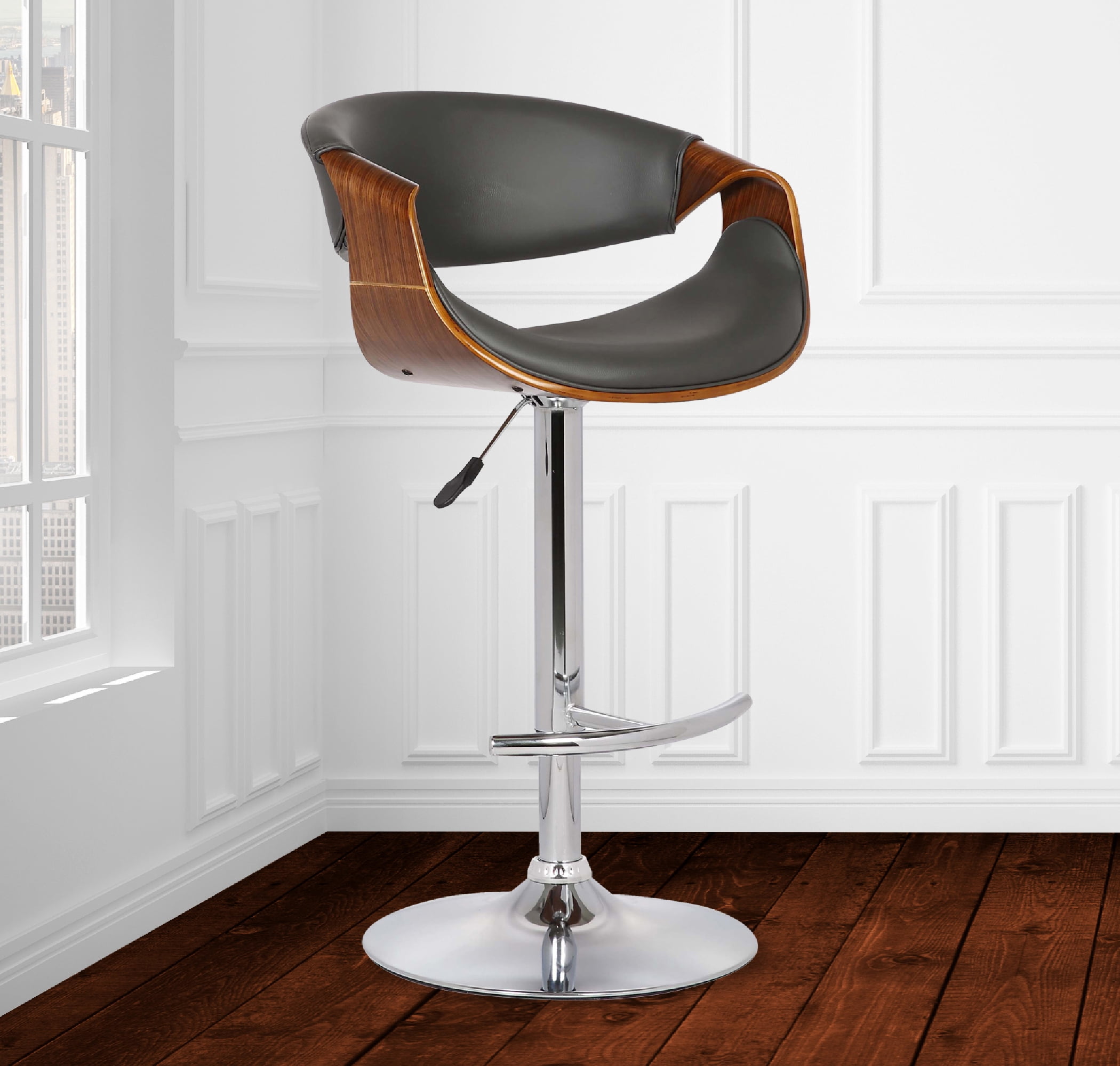 Armen Living Indoor Butterfly Adjustable Height Swivel Gray Faux Leather and Walnut Wood Bar Stool with Chrome Base