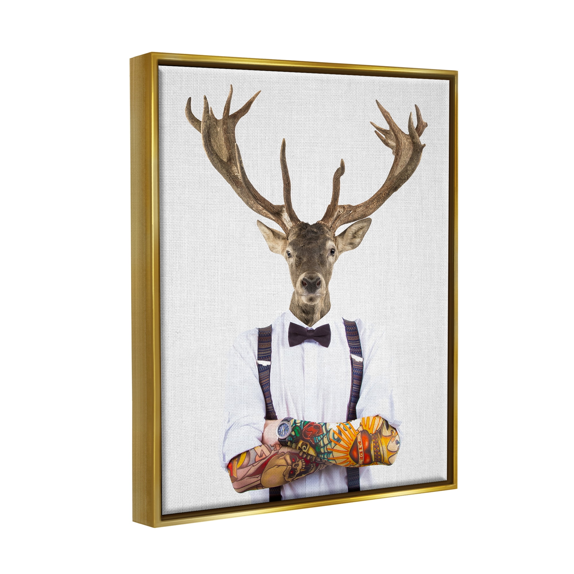 Stupell Industries Tattooed Hipster Deer Antlers Suspenders Bowtie Outfit Metallic Gold Framed Floating Canvas Wall Art, 16x20, by Tai Prints