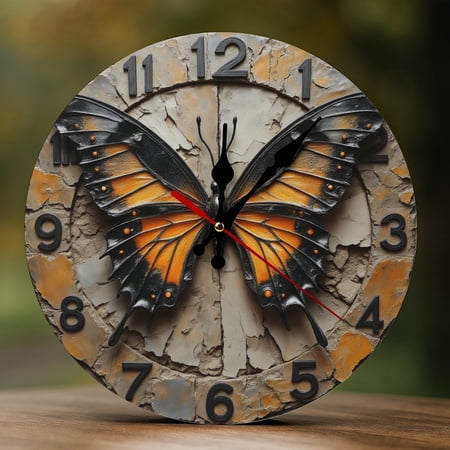 Wall Clock Decorative - Orange Black Butterfly Print 2D Vintage Wall Clocks Battery Operated Silent Non-Ticking for Bedroom, Living Room, Kitchen, Office, Classroom, 10 Inch