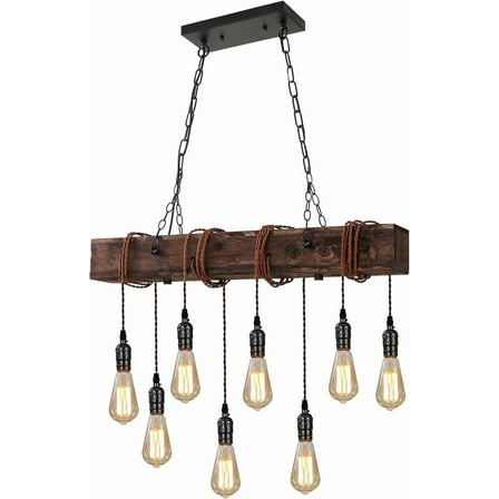 Dining Room Light Fixture, Farmhouse Pendant Lights Kitchen Island Rustic 8 Lights Wood and Black Metal Rectangular Chandelier Ceiling Hanging Lighting