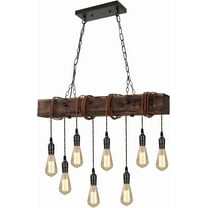 Dining Room Light Fixture, Farmhouse Pendant Lights Kitchen Island Rustic 8 Lights Wood and Black Metal Rectangular Chandelier Ceiling Hanging Lighting
