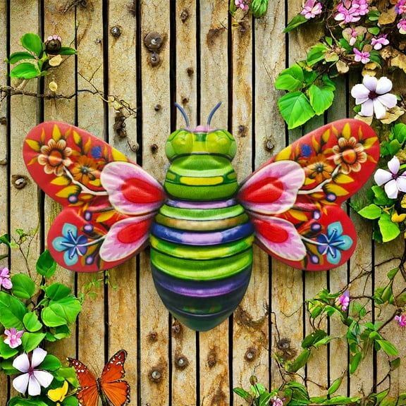 Fence Decorations Outdoor, 5.1"X7.5" Metal Bee Wall Decor for Indoor Outdoor, Color Butterfly Hanging Sculpture Spring Decor, Metal Wall Art, Garden Yard Fence Porch Home Tree Decor