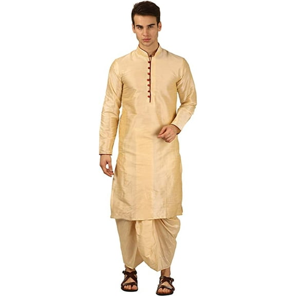 Royal Kurta Mens Silk Blend Loop Button Kurta and Dhoti Set (42, Gold)