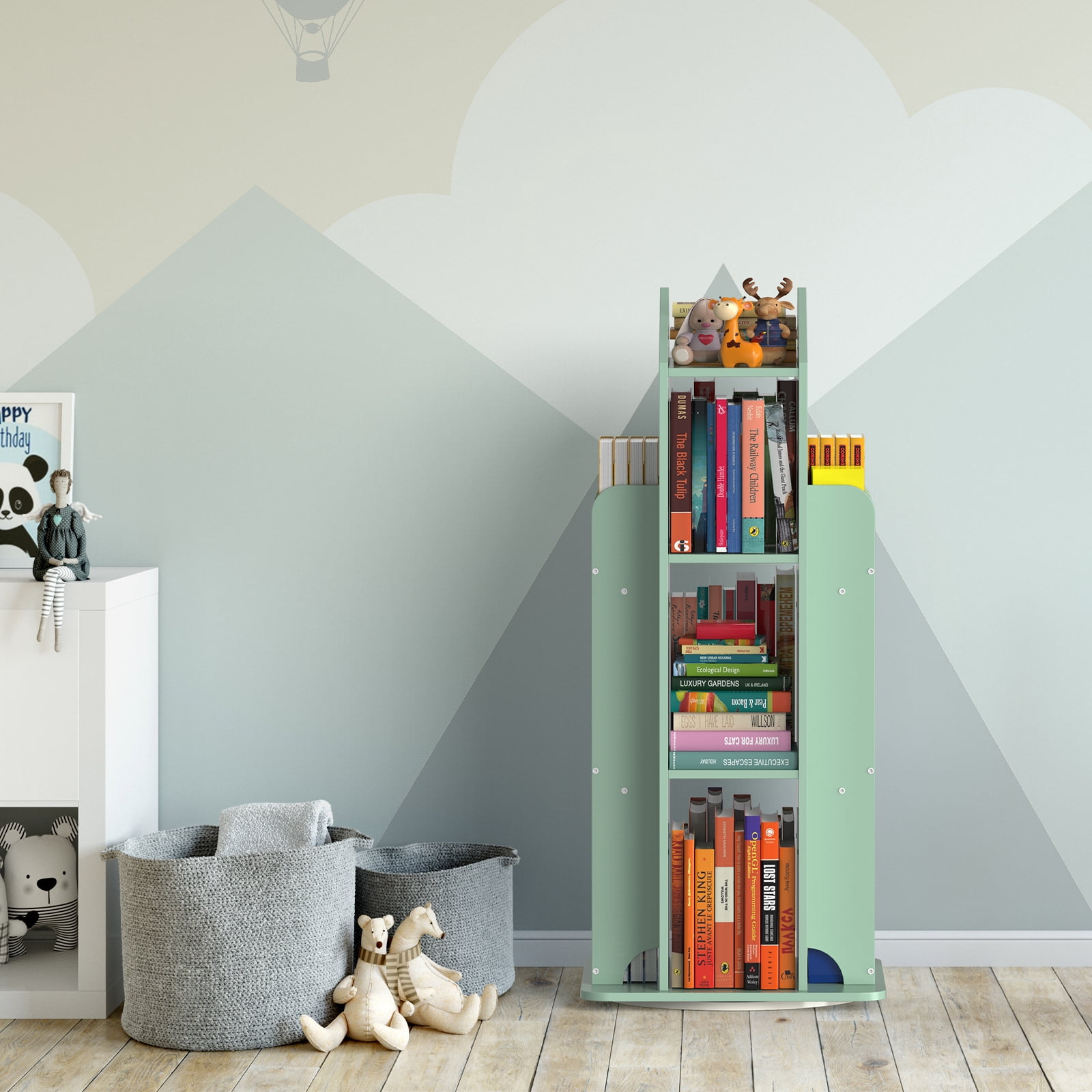 360° Rotating Kids Bookshelf, Olive Green Engineered Wood House-Shaped Bookcase, 38in Tall Storage Organizer for Bedroom, Playroom, Living Room
