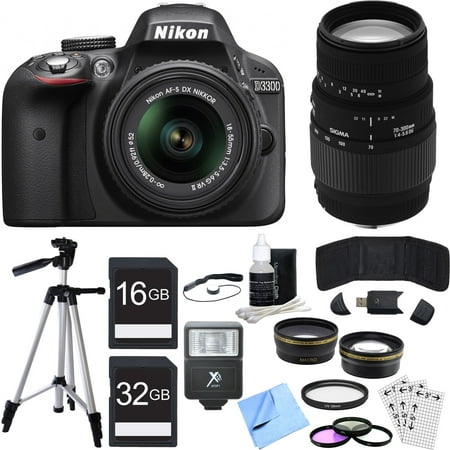 Nikon D3300 DSLR 24.2MP HD 1080p Camera w/ 18-55mm + 70-300mm Lens Black Bundle includes Camera, Lenses, 52mm Filters, 16GB + 32GB SDHC Memory Cards, Tripod, Cleaning Kit, Beach Camera Cloth and