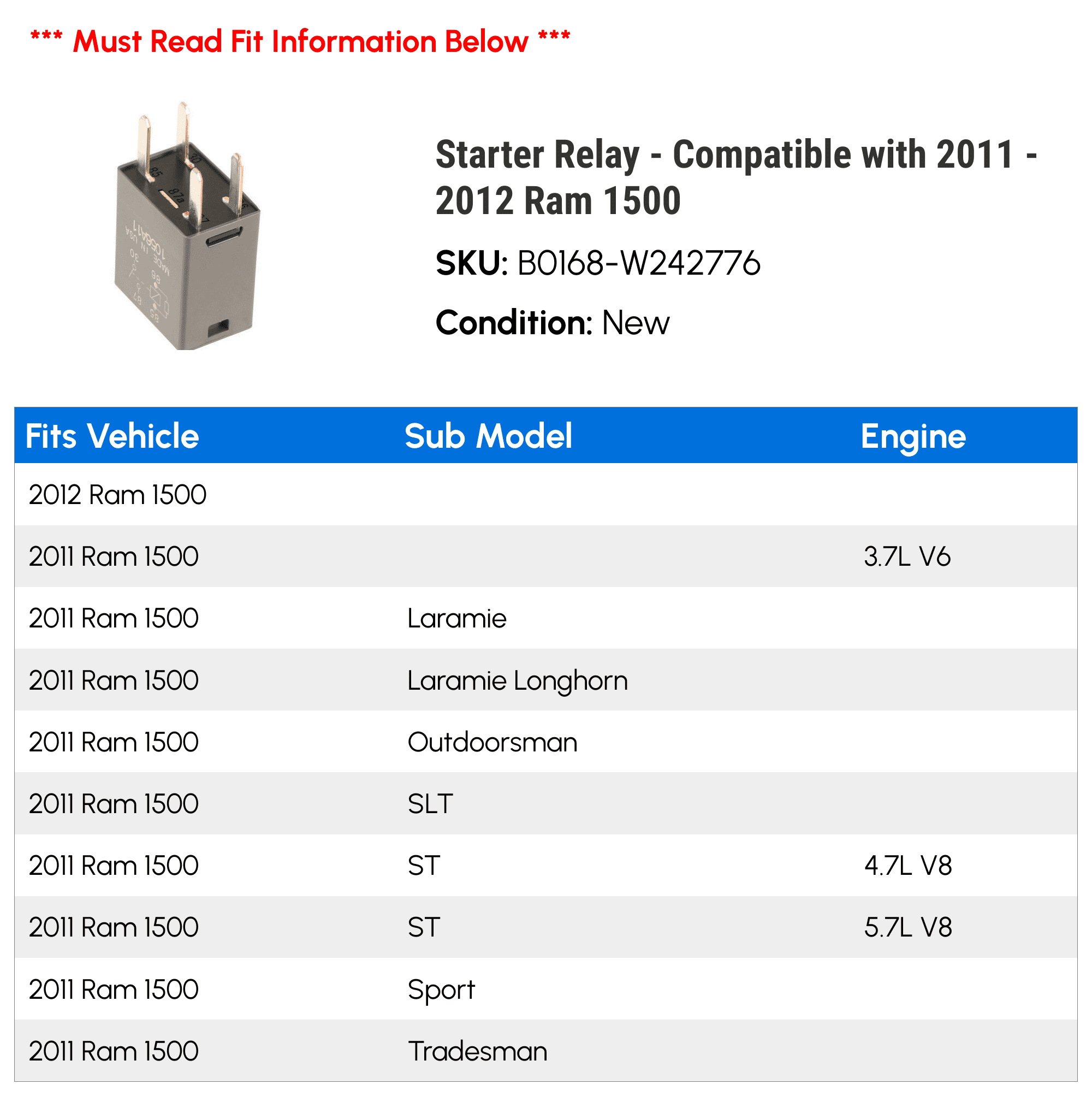 Starter Relay - Compatible with 2011 - 2012 Ram 1500