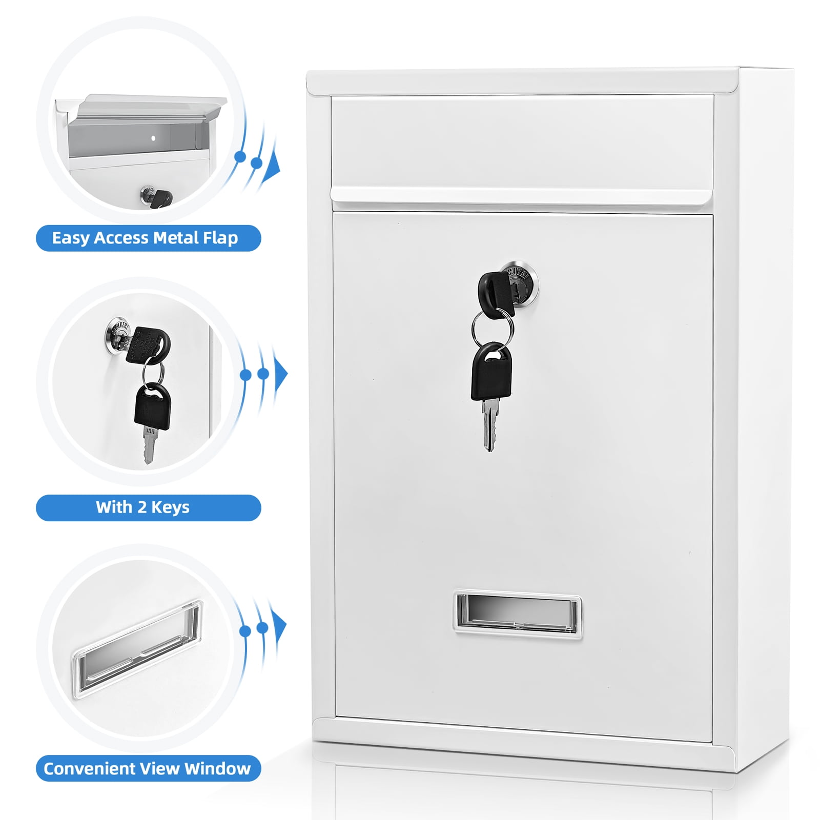 Mailbox Wall Mounted, Key Lock Mail Boxes Outdoor,3.3" D x 8.5" W x 12.6" H,Weatherproof Secure Mail Box,Key Lock Mail Boxes Outdoor,White Large