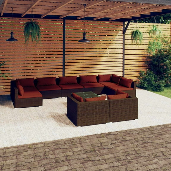 vidaXL 10 Piece Patio Lounge Set with Cushions Brown Poly Rattan