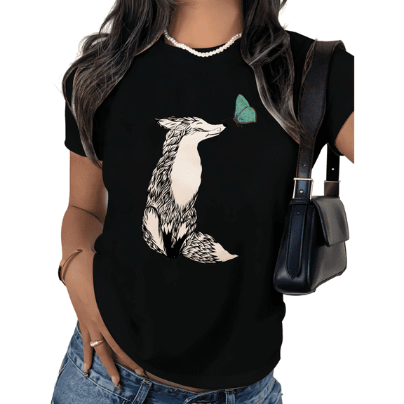 Black Print Tshirt Graphic Tees Shirts Fox Butterfly Nature Art Size S-5XL Tops