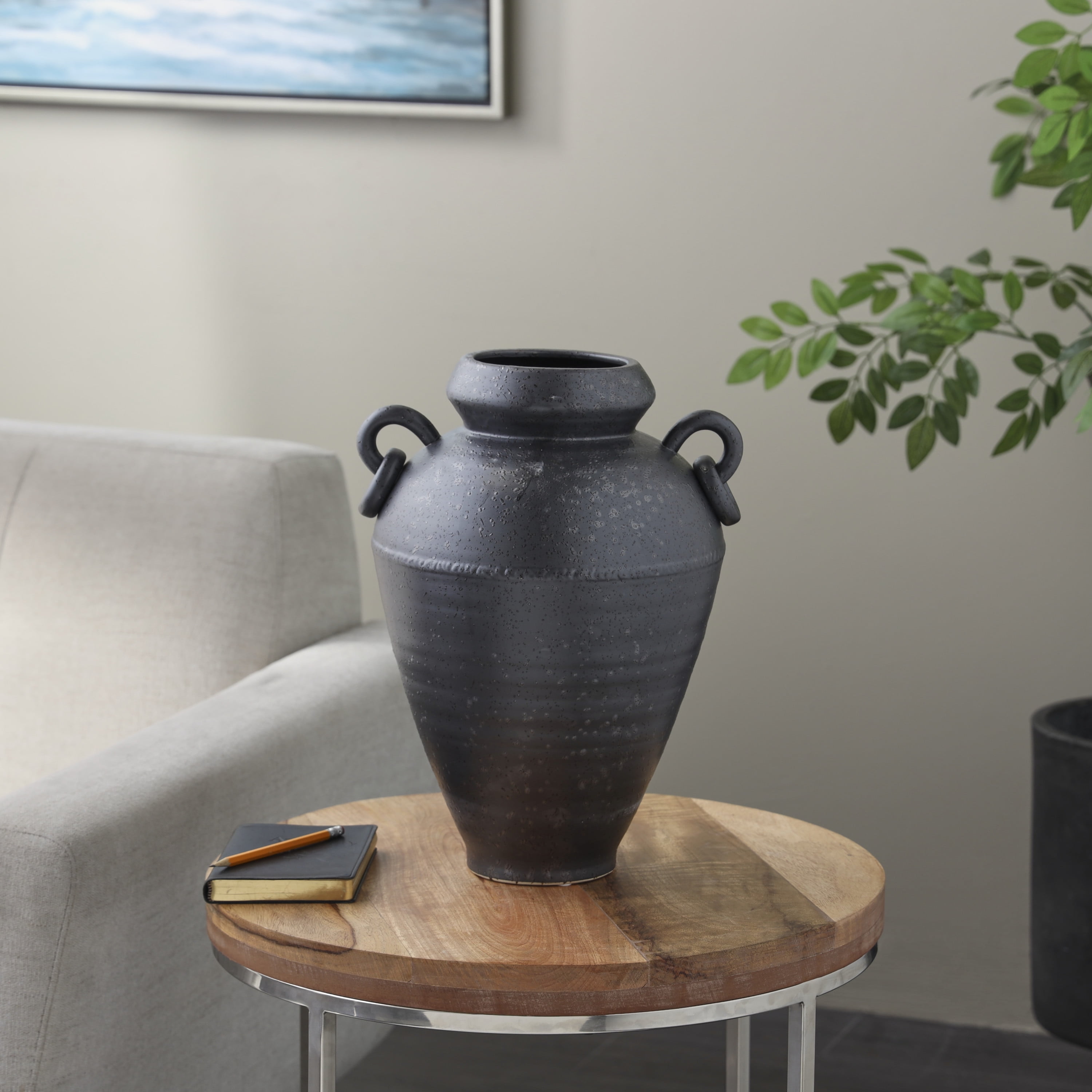 DecMode 15" Amphora Black Ceramic Vase with Speckled Texture and Ring Handles