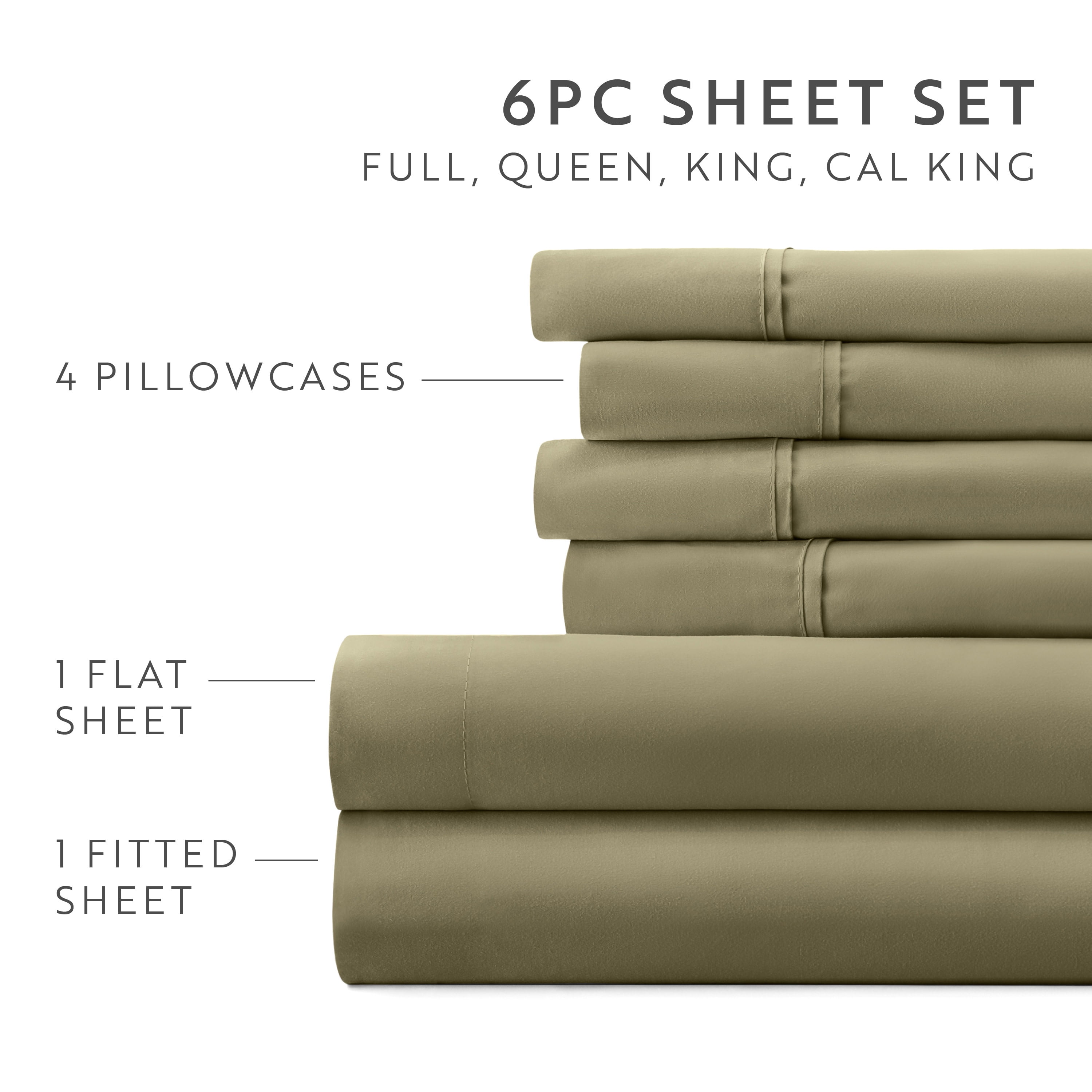 California King, Sage Solid Microfiber 6 Piece Bed Sheet Set, by Noble Linens