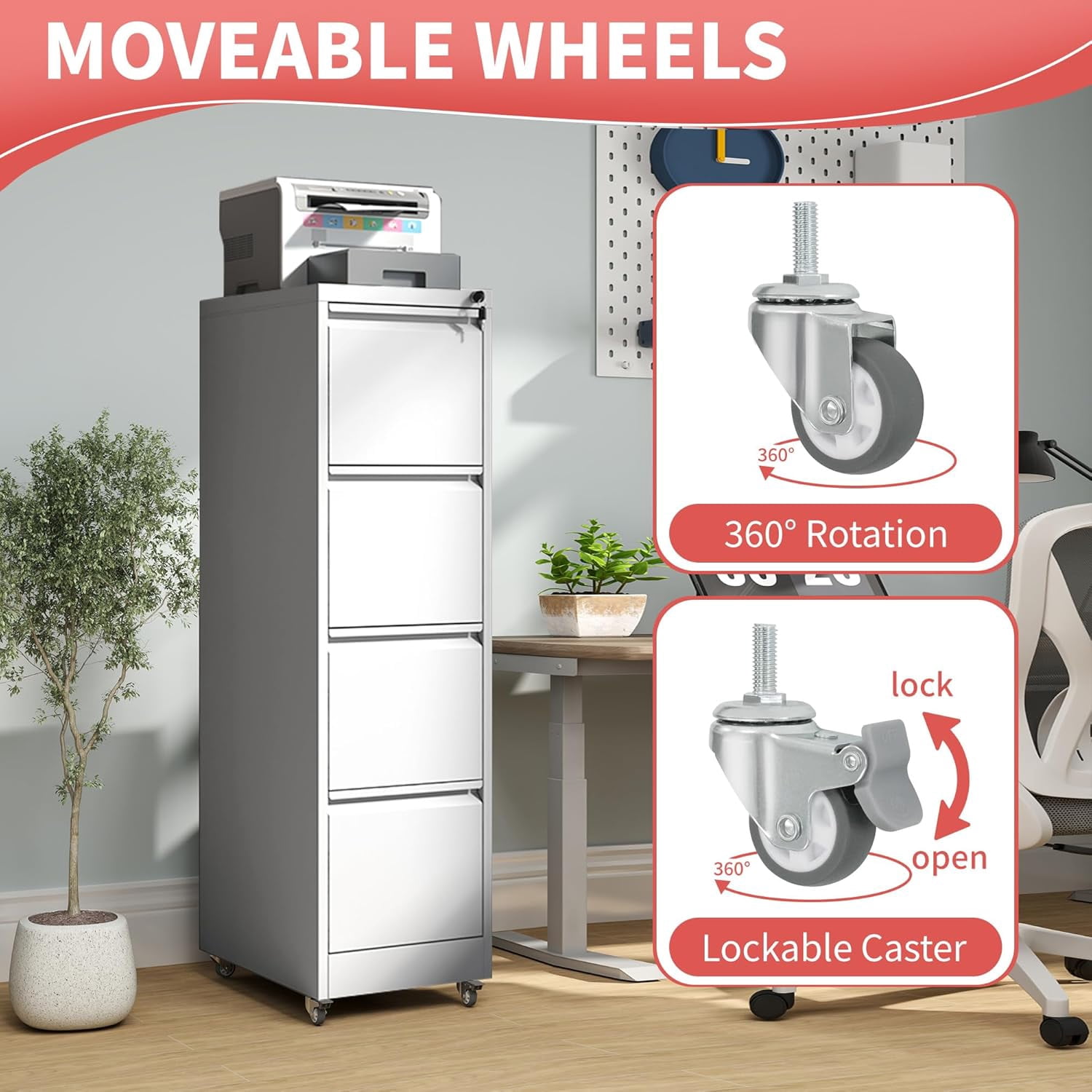 IKIMI 4-Drawer Vertical File Cabinets with Lock, Portable Rolling Metal Filing Cabinet for Legal/Letter/A4 Files, White