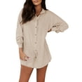 thumbnail image 2 of Conjunto de ropa de verano para mujer VISgogo, camisas abotonadas de manga larga de Color sólido, Tops y pantalones cortos sueltos informales, trajes VISgogo  moda, 2 of 6