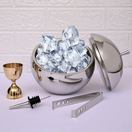 ABHAS Ball Ice Bucket Set – With Tong, Peg Measure & Wine Pourer (Steel)